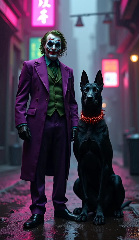 Create an image of the villain Joker standing alongside his enormous black Cane Corso with a thick, spiked collar. The Joker has a sinister grin, wearing his iconic purple suit with intricate and hyper-detailed textures, complete with a green vest and tie. The Cane Corso exudes power and menace, its muscular frame highlighted by shadows and a faint, ominous red glow outlining its figure. Both are looking directly at the photographer, with an ethereal, unsettling light enveloping their forms. The environment is a dark, rain-soaked urban alley, illuminated by flickering neon signs in shades of purple and green, casting dynamic reflections on wet pavement. The scene is rendered in a cinematic atmosphere with dynamic lighting (0.85), HDR lighting, ultra-HD, and 8k resolution. Intricate details in the environment, clothing, and the glowing presence of the characters are emphasized (0.9). Stable diffusion and steady diffusion ensure smooth and realistic textures (0.85). The natural lighting is balanced with the neon glow, creating a surreal yet gritty and realistic vibe. Both exude a chilling sense of strength and chaos, creating a powerful and haunting scene that perfectly complements their dark and twisted nature. 24-bit colors and full-color rendering ensure vibrant details, with virtual and hyper-realistic textures making the composition visually striking.