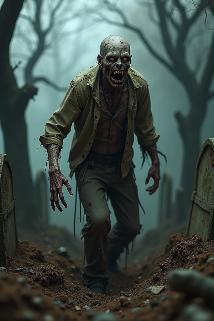 A zombie in a graveyard wearing a green GW shirt