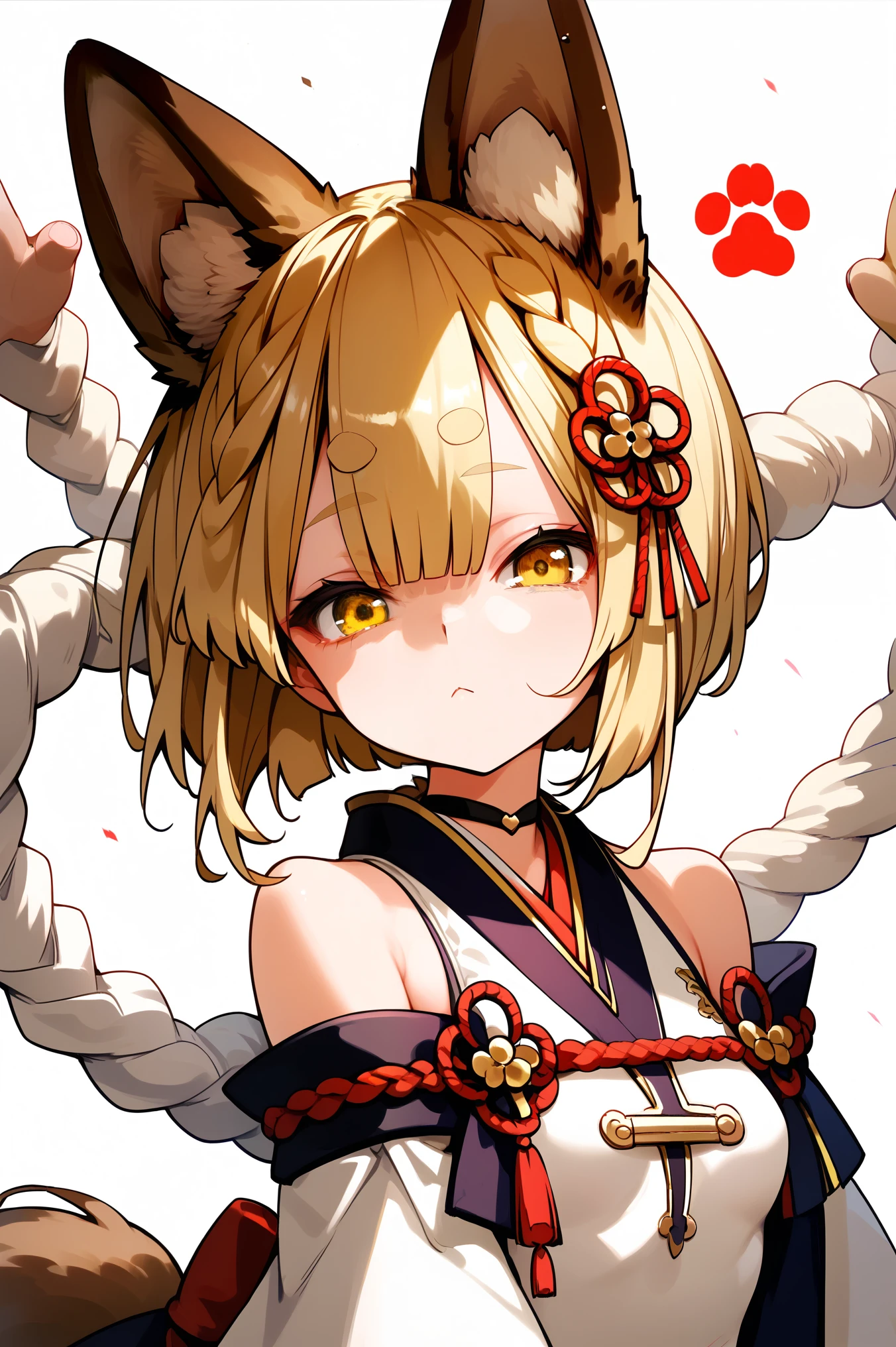 Masterpiece, anime style, 1girl, solo, vajradef, blonde, yellow eyes, dog tail, dog ears, small breasts, hair ornament, japanese clothes, bare shoulders, detached sleeves, wide sleeves, ropes, portrait, looking at viewer, innexpressive, white background, simple background, score_9, score_8_up, score_7_up, unaestheticXL_bp5, badhandv4