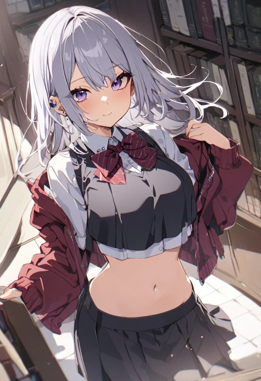 masterpiece, best quality, azuki, heart hair ornament, gyaru, white shirt, cleavage, lace trim, clothes around waist, pleated skirt, large breasts, looking at viewer, smile, closed mouth, cowboy shot, hallway