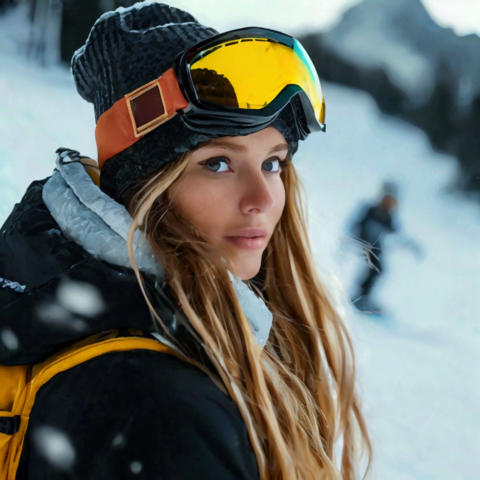 very beautiful 28 year old woman, posing in switzerland in ski resort, luxury photo, woman has very long blonde hair and brown eyes, she is wearing ski suit, she is popular instagram model and influencer, full body reveal, snowboarding, realistic photography, black jumpsuit