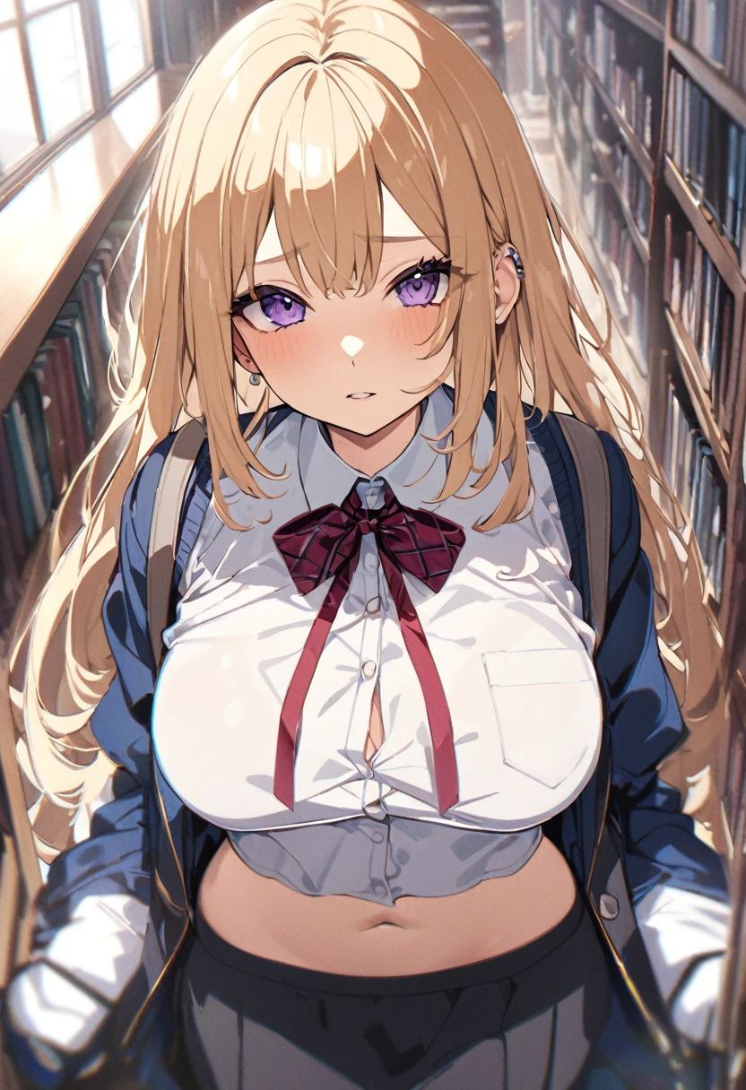 masterpiece, absurdres, best quality, ultra detailed, high Resolution, detailed illustration, bright colour, (extremely beautiful detailed face and eyes, Delicate beautiful face, 1 girl, cute face:1.3), (magenta eyes:1.1), sparkling eyes, big eyes, medium breasts, (perky breasts:1.1), (pointy breasts:1.1), medium hips, glamorous body, white skin, BREAK, long bob cut, (blonde hair:0.8), messy hair, detailed hair, shiny hair, BREAK (buggy casual dress down blouse:1.5), perfect lighting, (embarrassed:1.5), (???????, vulgarity:1.5), (trembling:0.8), library, from above, 