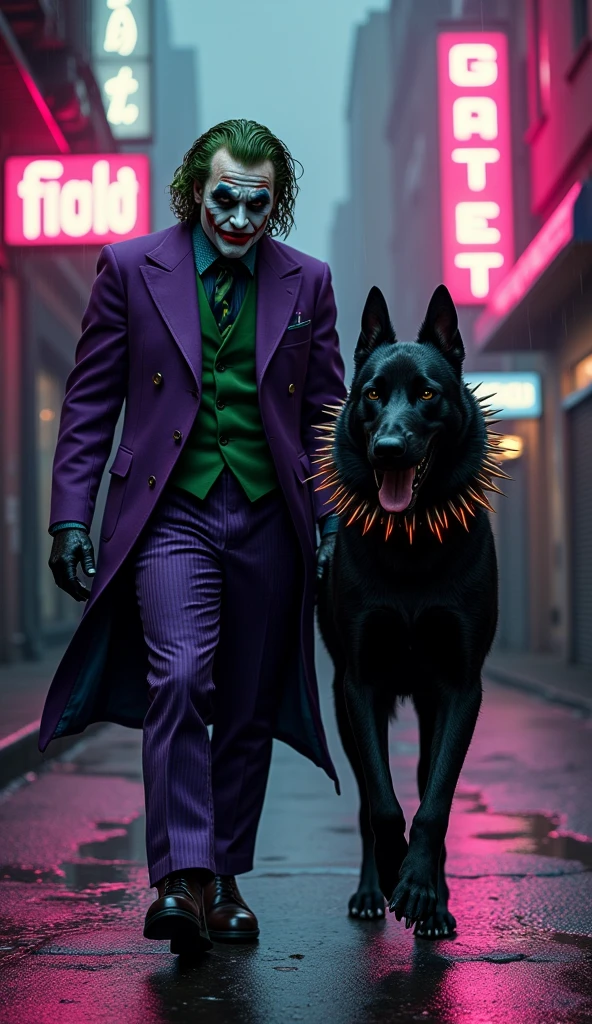 Create an image of the villain Joker walking alongside his enormous black Cane Corso with a thick, spiked collar. The Joker has a sinister grin, wearing his iconic purple suit with intricate and hyper-detailed textures, complete with a green vest and tie. The Cane Corso exudes power and menace, its muscular frame highlighted by shadows and a faint, ominous red glow outlining its figure. Both are walking forward, looking directly at the photographer, with an ethereal, unsettling light enveloping their forms. The environment is a dark, rain-soaked urban alley, illuminated by flickering neon signs in shades of purple and green, casting dynamic reflections on wet pavement. The scene is rendered in a cinematic atmosphere with dynamic lighting (0.85), HDR lighting, ultra-HD, and 8k resolution. Intricate details in the environment, clothing, and the glowing presence of the characters are emphasized (0.9). Stable diffusion and steady diffusion ensure smooth and realistic textures (0.85). The natural lighting is balanced with the neon glow, creating a surreal yet gritty and realistic vibe. Both exude a chilling sense of strength and chaos, creating a powerful and haunting scene that perfectly complements their dark and twisted nature. 24-bit colors and full-color rendering ensure vibrant details, with virtual and hyper-realistic textures making the composition visually striking.