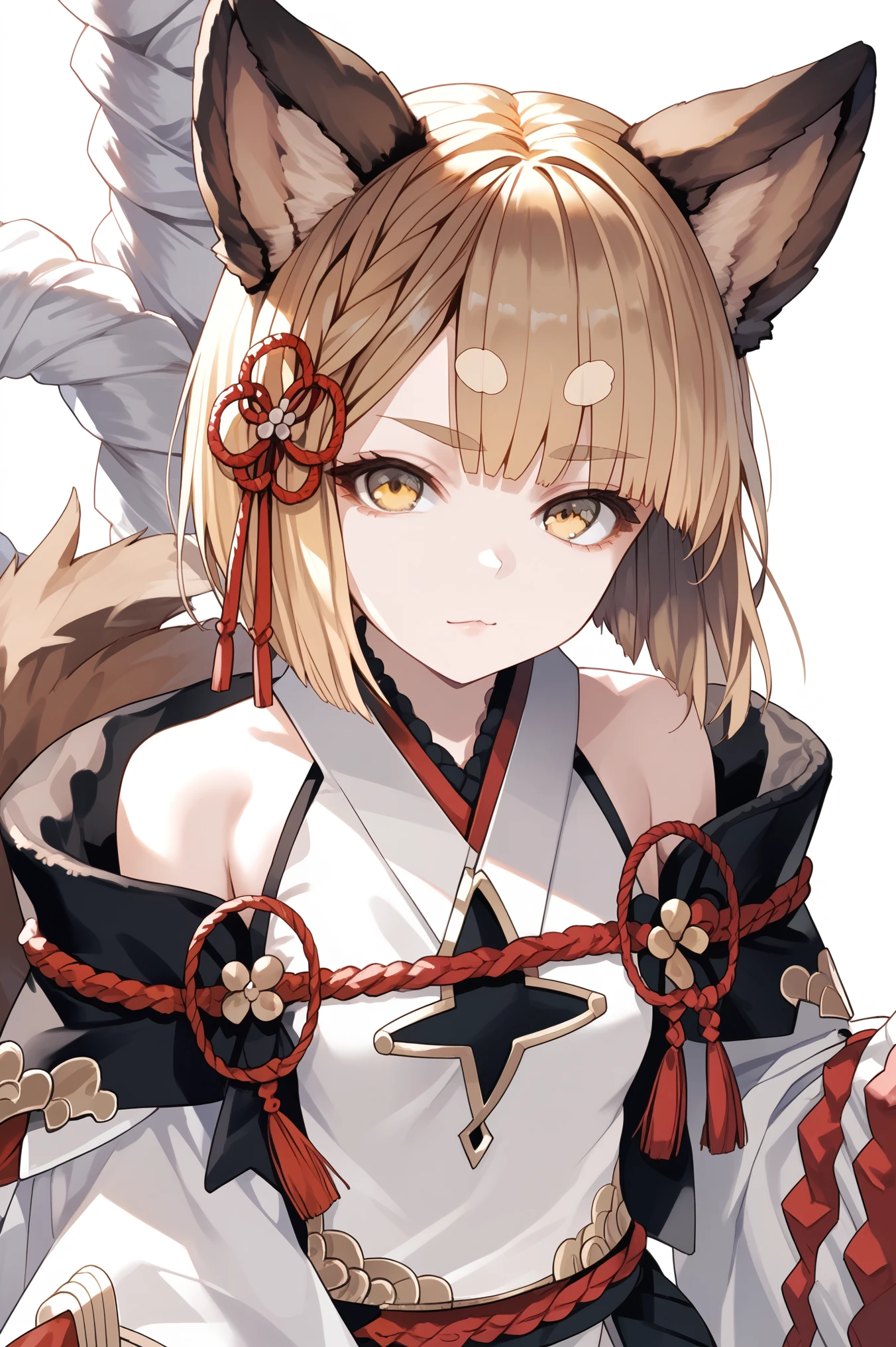 Masterpiece, anime style, 1girl, solo, vajradef, blonde, yellow eyes, dog tail, dog ears, small breasts, hair ornament, japanese clothes, bare shoulders, detached sleeves, wide sleeves, ropes, portrait, looking at viewer, innexpressive, white background, simple background, score_9, score_8_up, score_7_up, unaestheticXL_bp5, badhandv4