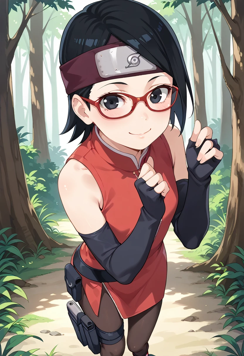 (score_9, score_8_up), score_7_up, zPDXL, Sarada Uchiha, solo, 1girl, black hair, short hair, red-framed eyewear, glasses, black eyes, red dress, sleeveless, elbow gloves, black gloves, fingerless gloves, pantyhose, thigh holster, toeless sandals, smile, looking at viewer, blushing, forehead protector, konohagakure symbol, sunny, forest, 