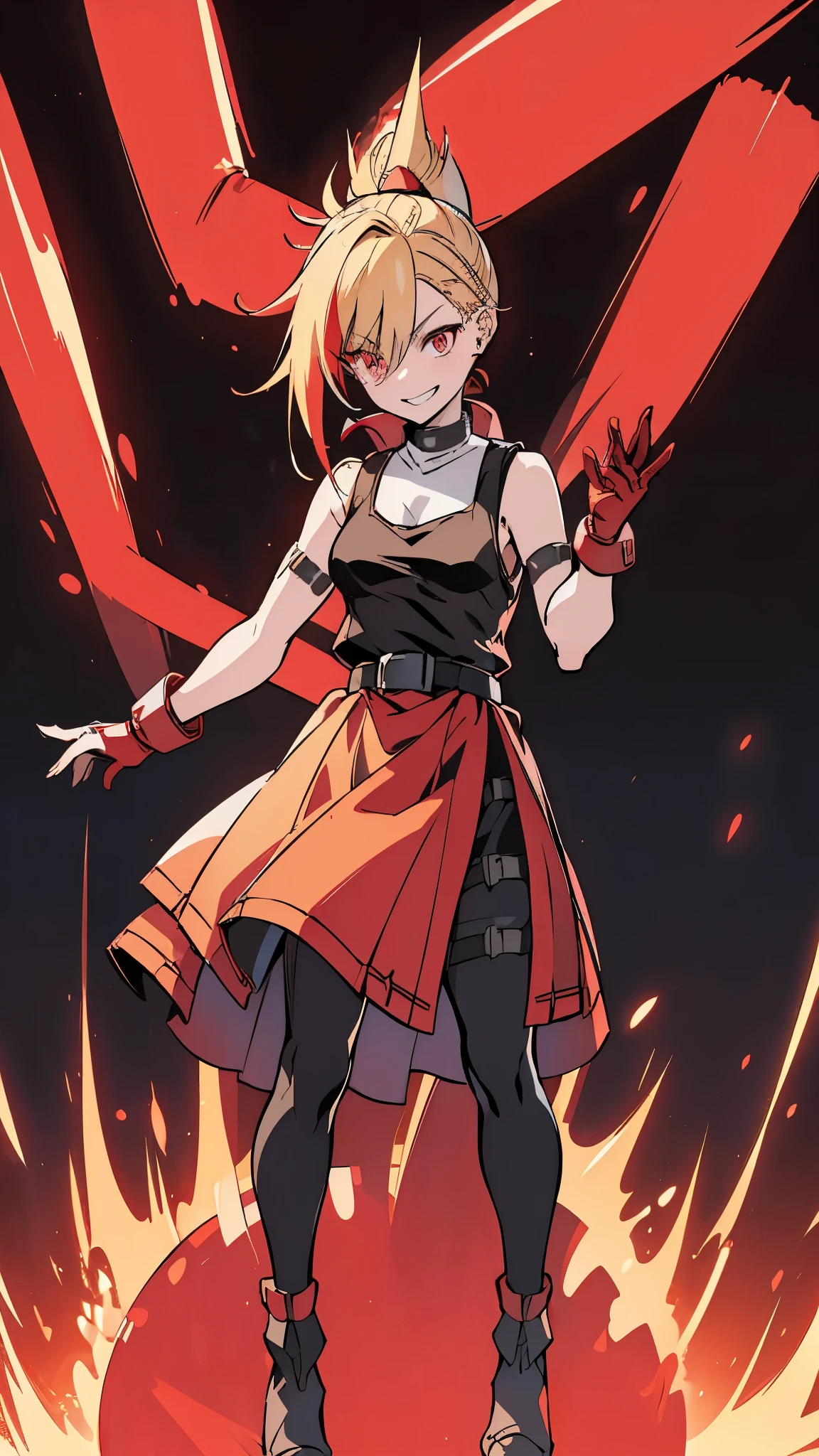 (masterpiece, best quality:1.2), red glowing eyes, red eyes, the eyes are red, perfect face, strong make up, highres, 1 girl, ultra long ponytail, (female:1.5), strife, blonde hair streaked with lots of red highlights, two colors hair (blond and red), hight flame mistress outfit, shoulder armor, sleeveless turtleneck, suspenders, belt, gloves, bracer pre potent smile , relaxed arms , evil smile, evil pose, standing, portrait, looking at viewer,  Her hair is streaked with lots red and blonde highlights, moon tribal tattoo, full body overview, full body view