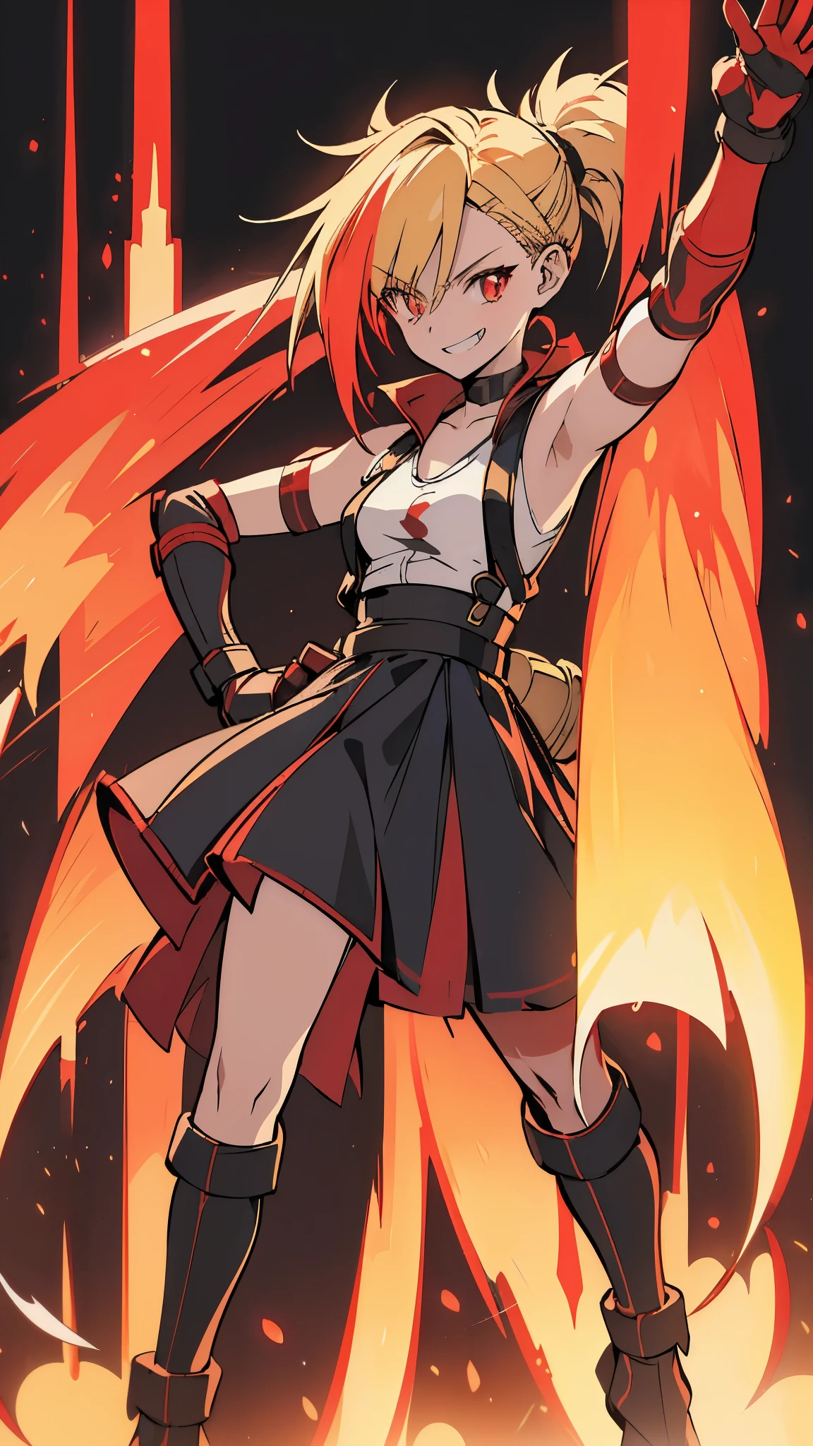 (masterpiece, best quality:1.2), red glowing eyes, red eyes, the eyes are red, perfect face, strong make up, highres, 1 girl, ultra long ponytail, (female:1.5), strife, blonde hair streaked with lots of red highlights, two colors hair (blond and red), hight flame mistress outfit, shoulder armor, sleeveless turtleneck, suspenders, belt, gloves, bracer pre potent smile , relaxed arms , evil smile, evil pose, standing, portrait, looking at viewer,  Her hair is streaked with lots red and blonde highlights, moon tribal tattoo, full body overview, full body view