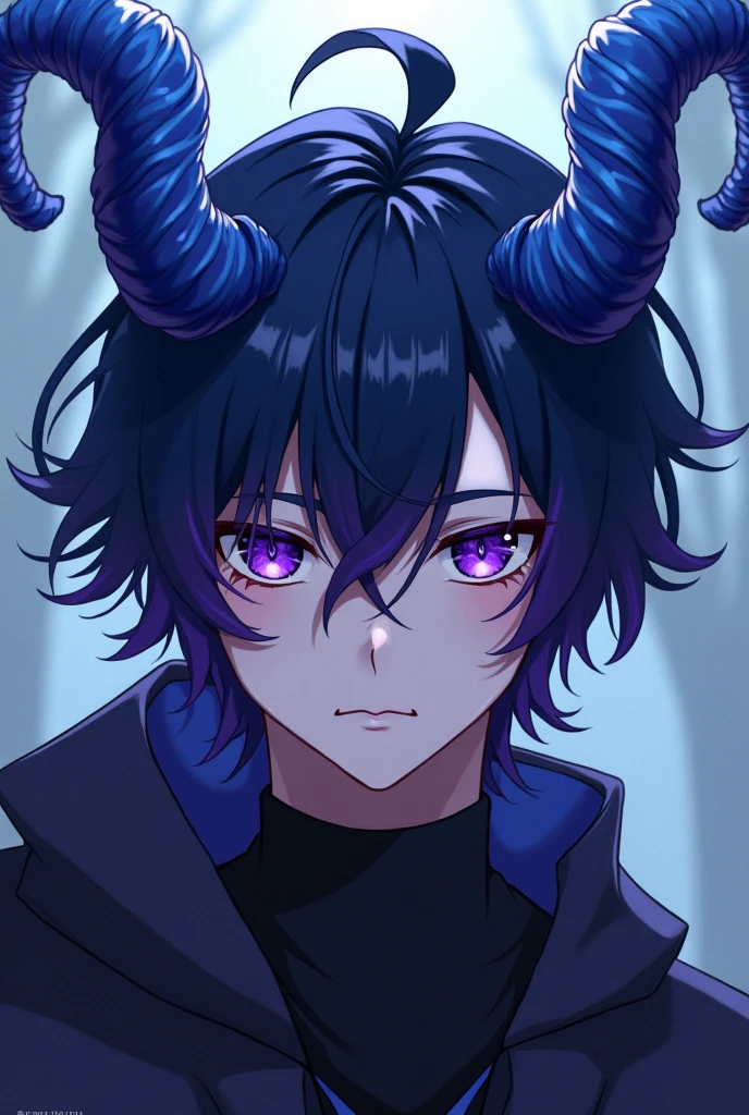 Boy with purple hair, black eyes and a wound in his mouth, pale white skin with cat ears