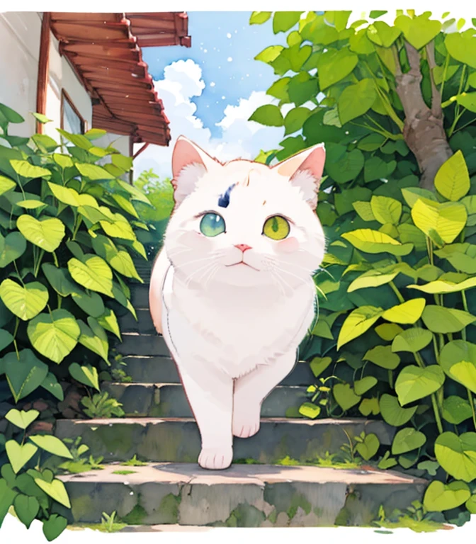 (masterpiece),( best quality),(   Very detailed),(   high resolution down  ),((Line art)),((watercolor)),16k,  wallpaper,三毛猫の   Very detailedな絵、  crazy details   、   Very detailed猫、   my house where calico cats walk around   、  relaxing on the stone steps is inserted between 、Old Town in Japan、A plant walking on the promenade ， sunlight filtering through the trees，Another World、The creation of silence、Long Hit、The target is small、