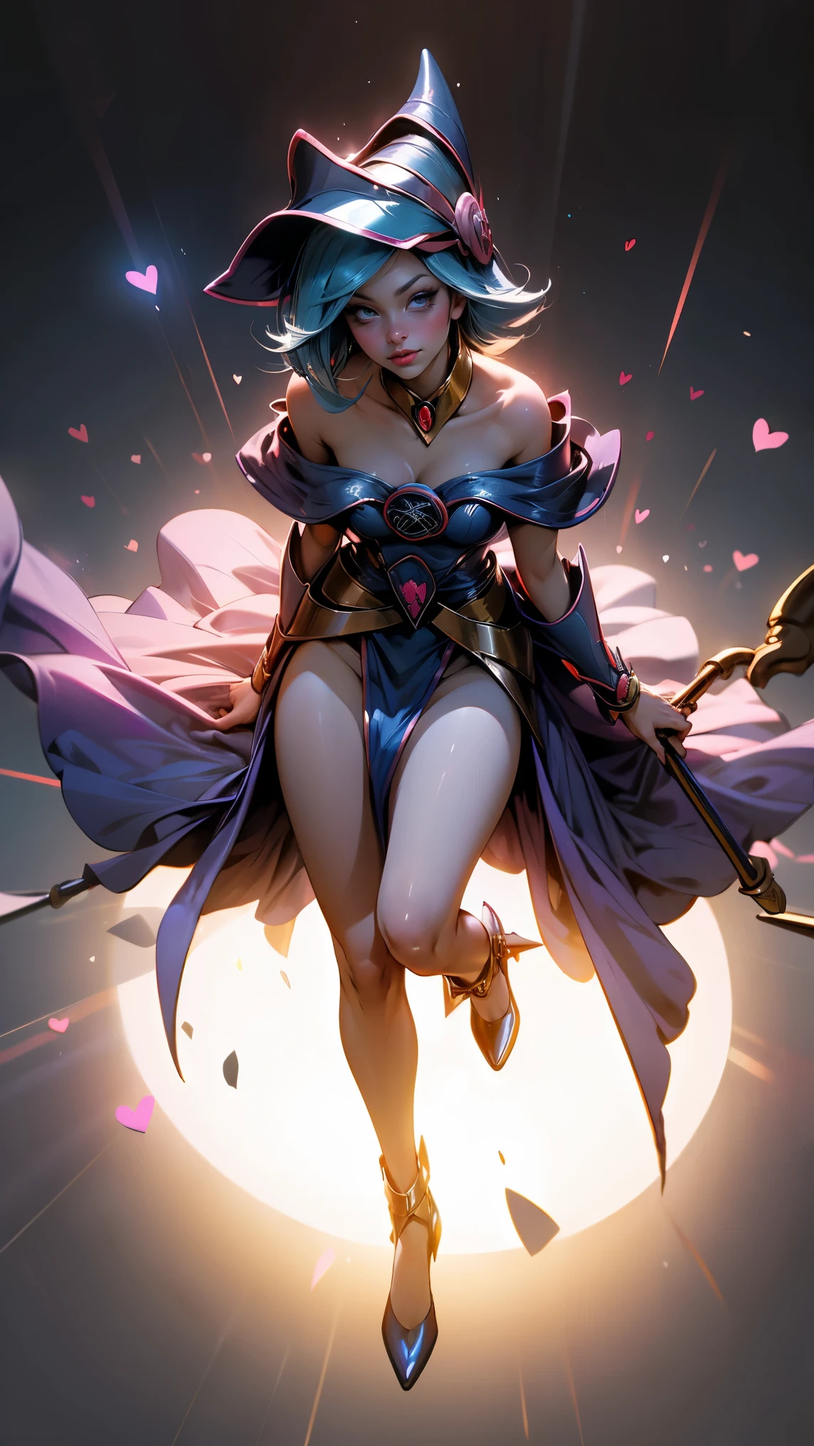 ( masterpiece :1.2), ( The best quality:1.2), perfect lighting, Dark Witch Girl casting a spell, In battle.  rays floating in the air, medium breasts visible, transparent neckline, blue robe, large hat, from above, Flashes, Yugioh game, The magic of the heart.  LIGHTS OF THE HEART , Romantic Heart. She wears heels. She has heels. Wear heels 