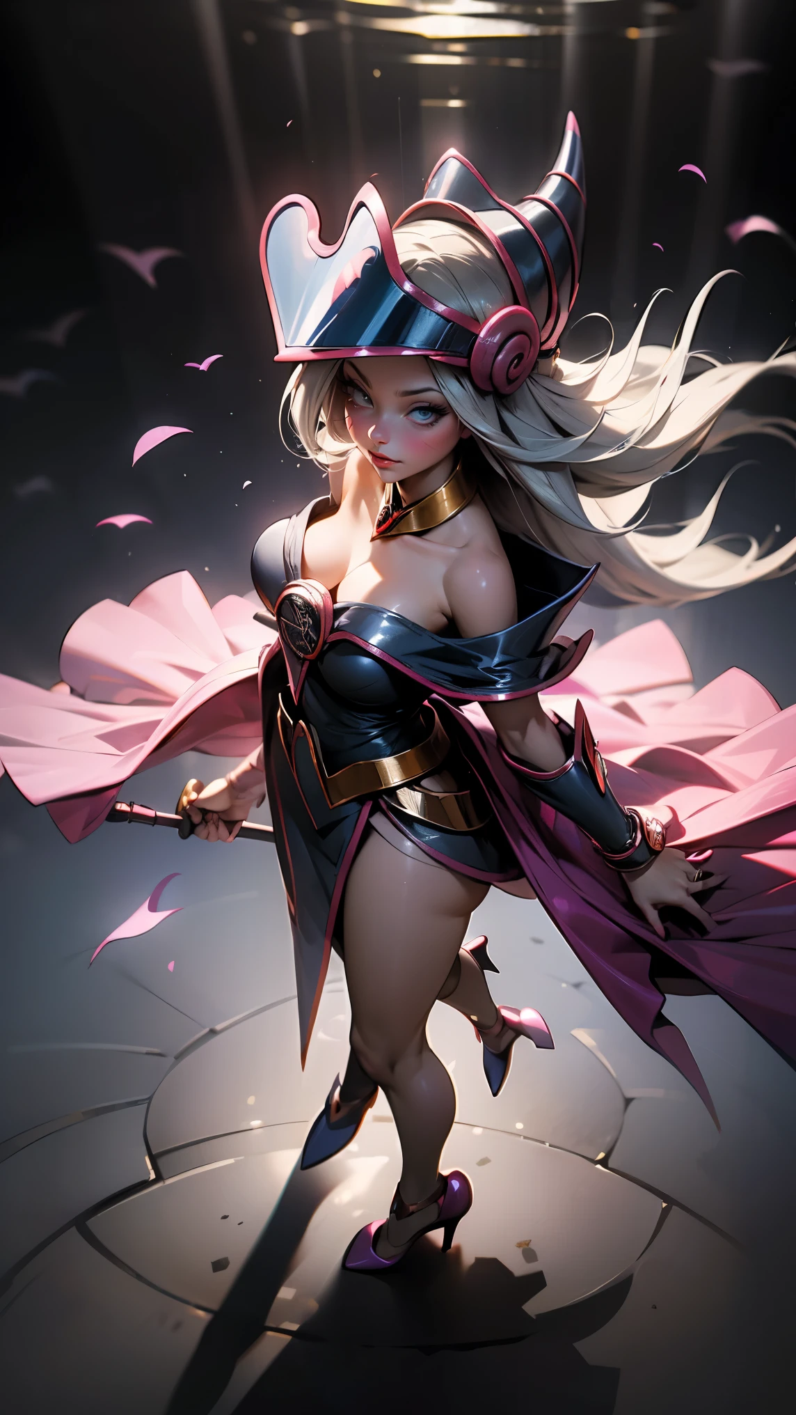 ( masterpiece :1.2), ( The best quality:1.2), perfect lighting, Dark Witch Girl casting a spell, In battle.  rays floating in the air, medium breasts visible, transparent neckline, blue robe, large hat, from above, Flashes, Yugioh game, The magic of the heart.  LIGHTS OF THE HEART , Romantic Heart. She wears heels. She has heels. Wear heels 