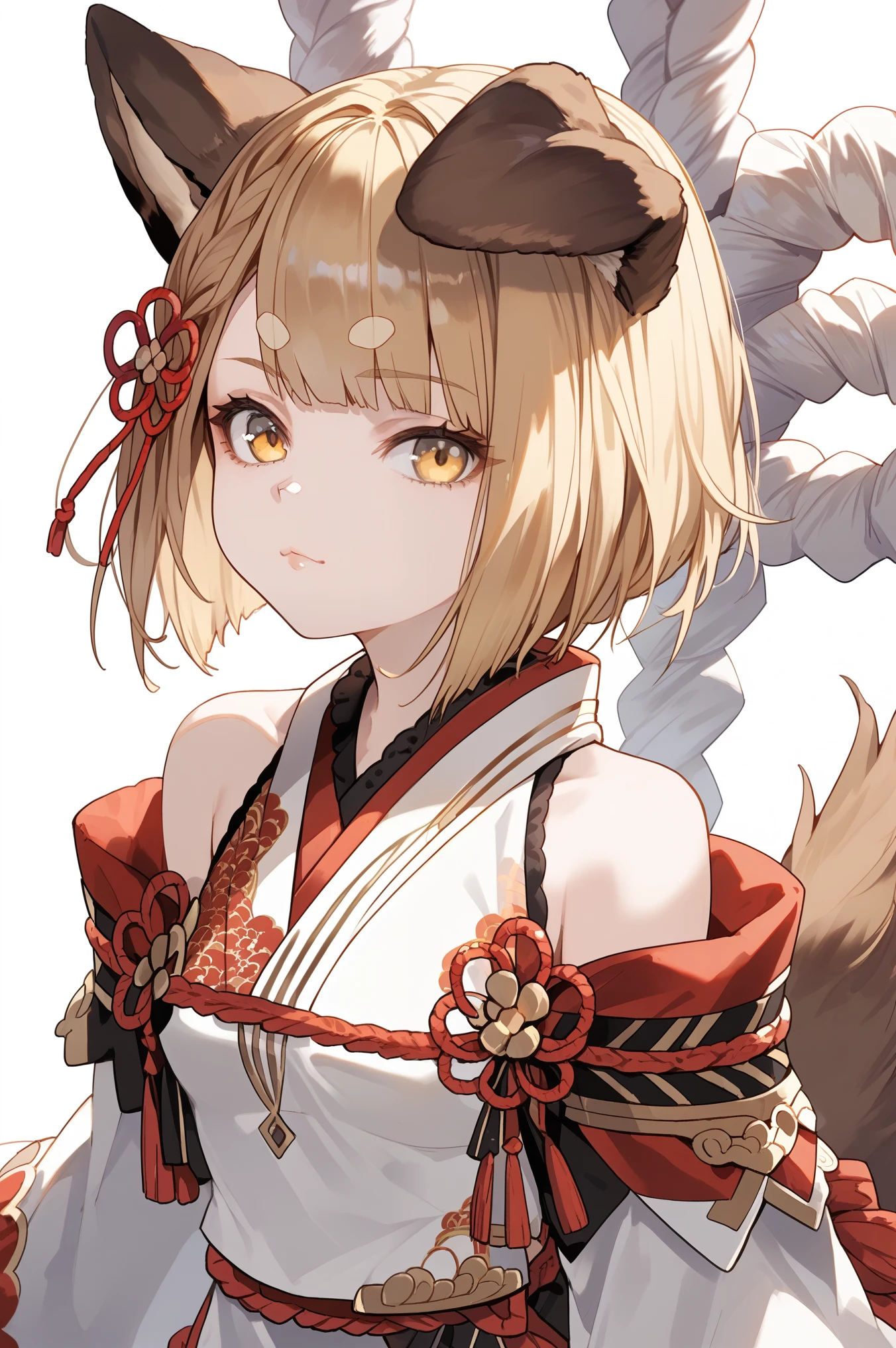 Masterpiece, anime style, 1girl, solo, vajradef, blonde, yellow eyes, dog tail, dog ears, small breasts, hair ornament, japanese clothes, bare shoulders, detached sleeves, wide sleeves, ropes, portrait, looking at viewer, innexpressive, white background, simple background, score_9, score_8_up, score_7_up, unaestheticXL_bp5