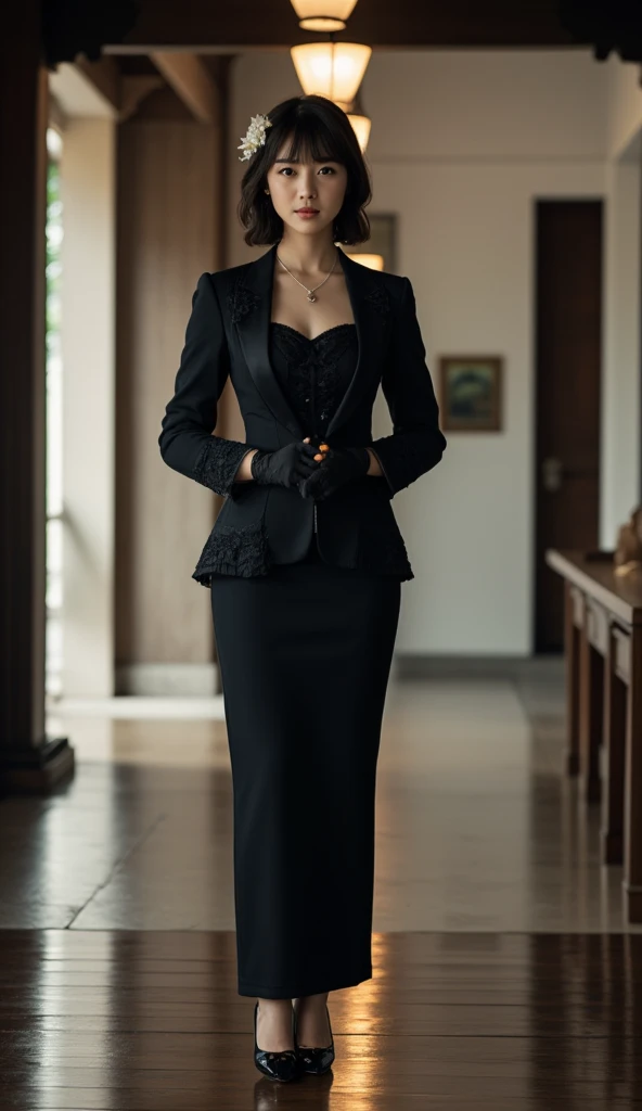 Front view, full body, standing pose,  on Japanese Temple floor,  holding  wooden Buddhist small beads , Japanese girls 20-age , Japanese fashion model ,(middle black hair, chin ion, detail face, cute face, beautiful eyes, Small lips, serious, pearl earring , pearl neck less), (middle breasts, middle hip, slender body),(Black mourning clothes, jacket and middle skirt, Black lace glove,  black low heal ), (masterpiece, Best Quality, high resolution on down, Realistic, sharp, RAW photos from the last century, wallpaper, perfection, Professional Lighting, very detailed)