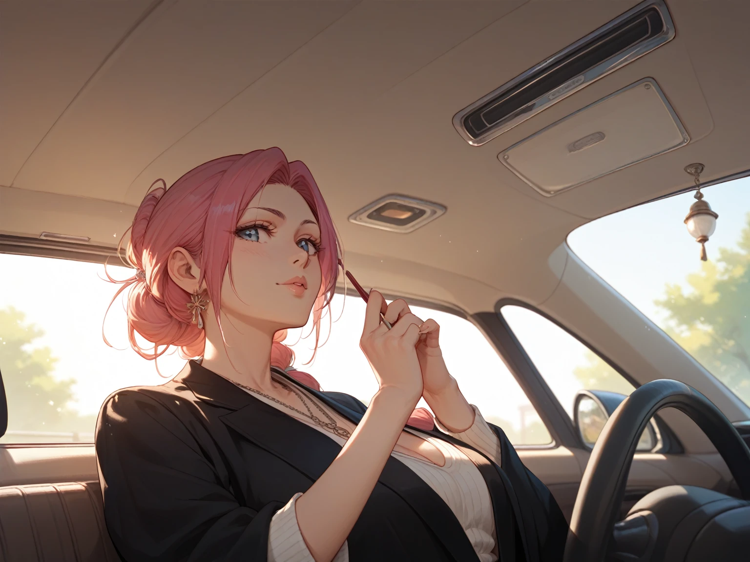 Below view, anime, Unohana Retsu is teacher, attractive posed, in the car seat, noon light, (masterpiece, best quality, highly detailed), bleach-series,