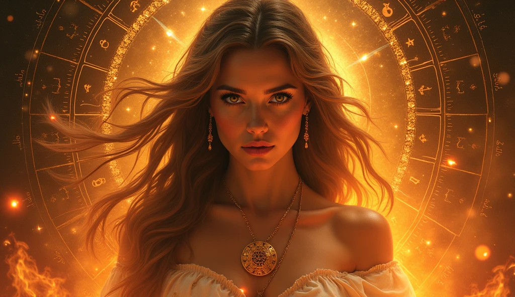
a goddes woman that is floating in the sky, she looks like a dream. Her hair is long and curly, pointed nose, innocent face, red lips, have a beautiful body, smart, have a necklace shaped like a sun, her eyes are yellow. Her powers are light, she can heal, and can control light. Her attitude is kind, brave, and helpful on her people