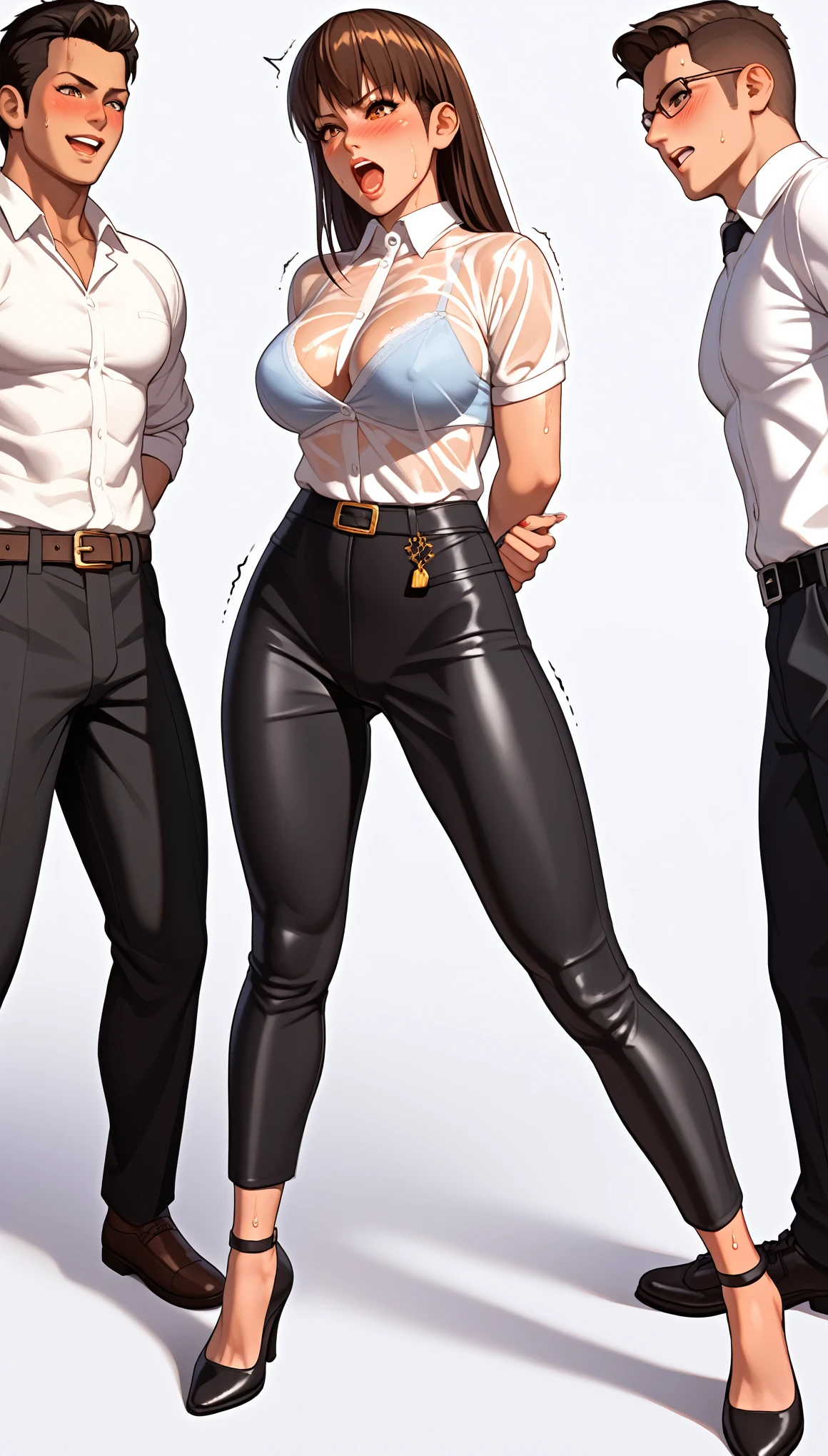 LeiFangDOA, gasp, 1 girl and 2 male, standing, {{{open legs}}}, {{backing away}}, {{{{{a male’s face between legs}}}}}, glossy black pants, a see through white business shirt, arms behind back, {{arching the body backward}}, {{{swayback stance}}}, office lady, be breathless, sweat, sparkling sweat, trembling, long brown straight hair, breasts, [[angry]], blush, {anguish}, {{shameful}}