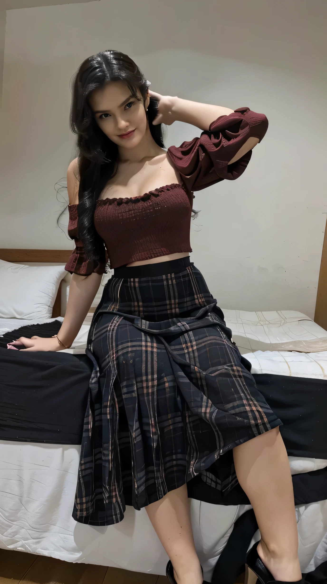 Small breasts, bangs, half-open eyes, wicked smile