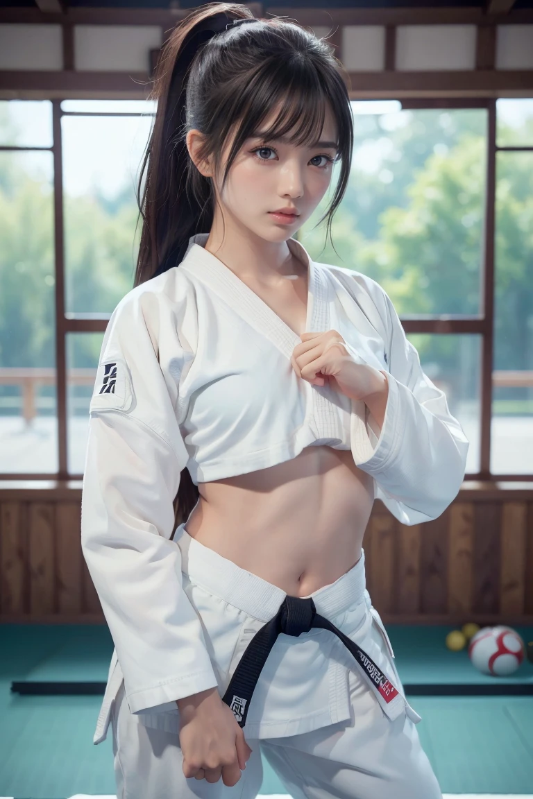 ( I can see a sporty bra)、((( Empty hand suit )))、 Female Karate Artist with Bangs and Ponytail、The belly button and lower chest are visible、shiny skin、(( embarrassed face ))、((Turn away))、((Look to the side))、((Blushing))、(Teary-eyed)、cry、(((Karate Dojo)))、((Delicate photos))，( Masterpiece Detailed RAW Photos :1.25), ( best quality:1.6), ( ultra high resolution:1.5), (Realistic:1.75), 8k resolution,  Canon EOS R5 , 50mm,  absurd,  super detailed, cinematic lighting 、(( Sporty panties visible ))、(((Take off your pants)))、