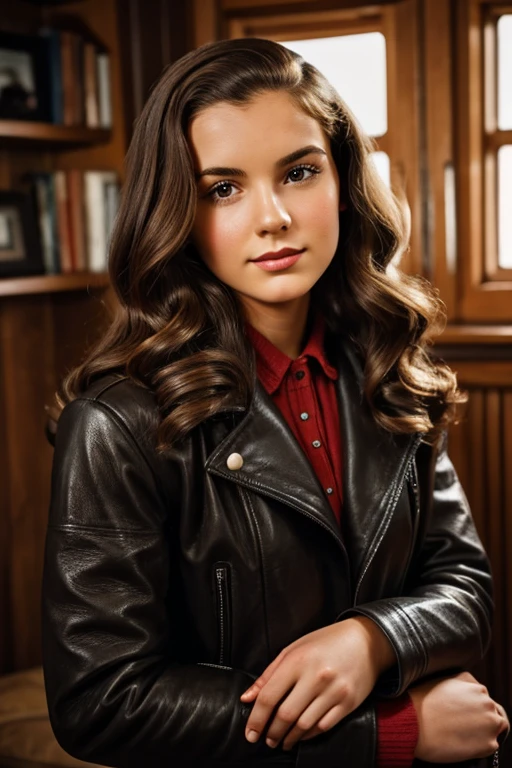 Medium view, of young aged, 16 year old, mom, gilf, milf, face portrait, jewish features, chubby, long hair, brown hair, 1940s hair style, 1940s clothing, leather jacket, in berlin 1936, sweaty