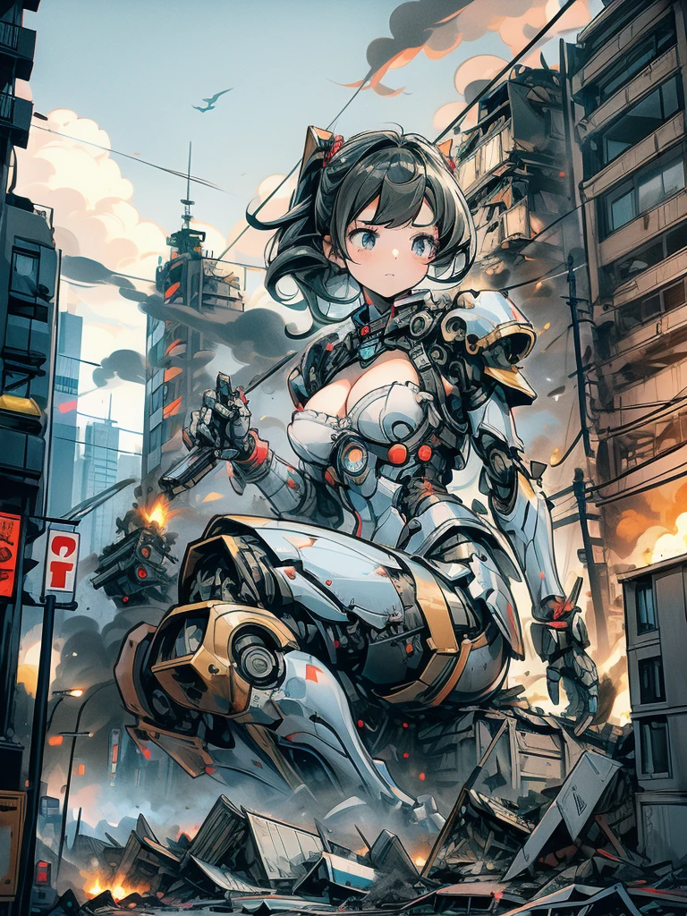 (((Robot Girl sitting on Destroyed city))) ((Collapsed building)) ((Destroyed car)) ((Explosive light)) ((Burning)) ((Fire)) ((Pile of rubble)) (( smoke))

Electronic illustration of a woman with mechanized armor and a gun, one girl, chest, ship, weapon, military vehicle, mecha girl, gun, big breasts, space battleship, science fiction, aircraft, cleavage, holding a weapon, looking at the viewer See, GTS, giant female giant, giant girl in the valley between buildings, skyscraper town, big city, GTS, giant female giant, giant girl in the valley between buildings, skyscraper town, big city, Robot Girl, Masterpiece Unreal Engine 4K precision video, GTS, giant female,GTS, ROBOTANIMESTYLE,RRS,SRS,MRS,FRS,NJRS,RARS,HRS,BRS