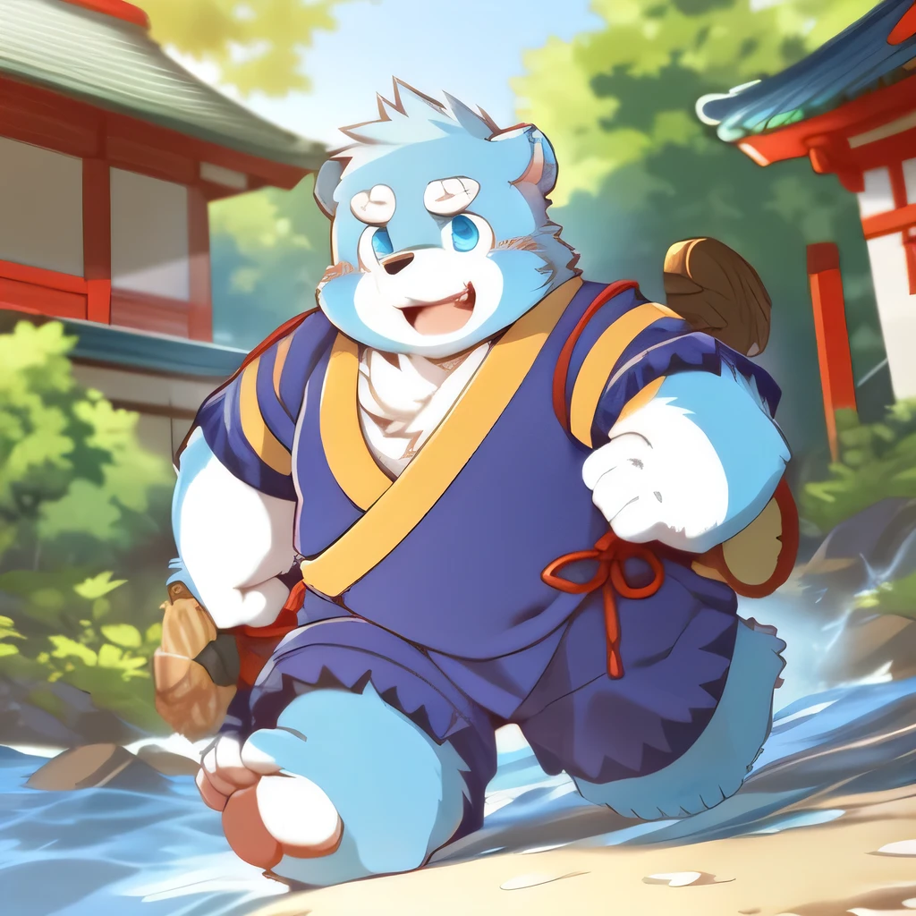 (by zixiong:1.1),(by takemoto arashi),(kemono:1.2),furry,shiquanhao,blue bear,1boy,blue fur,open mouth,animal ears,blue eyes,japanese clothes,bear ears,blue hair,fat,bear boy,(masterpiece),(very detailed),(best quality),alone,(detailed background:1.2),(smile:1.1),(detailed eye:1.2),