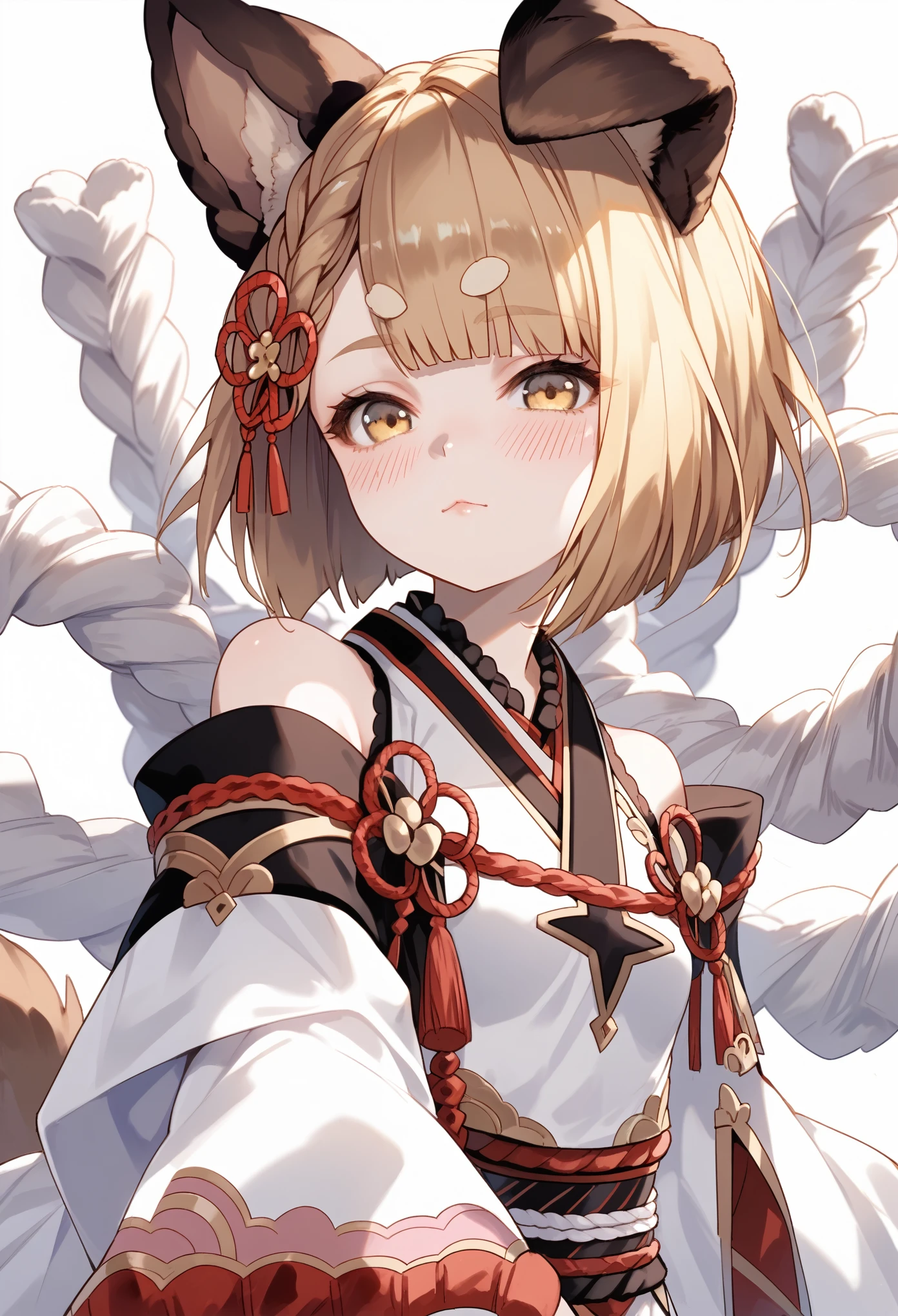 Masterpiece, anime style, 1girl, solo, vajradef, blonde, yellow eyes, dog tail, dog ears, small breasts, hair ornament, japanese clothes, bare shoulders, detached sleeves, wide sleeves, ropes, portrait, looking at viewer, blush, cute, :3, white background, simple background, score_9, score_8_up, score_7_up, unaestheticXL_bp5