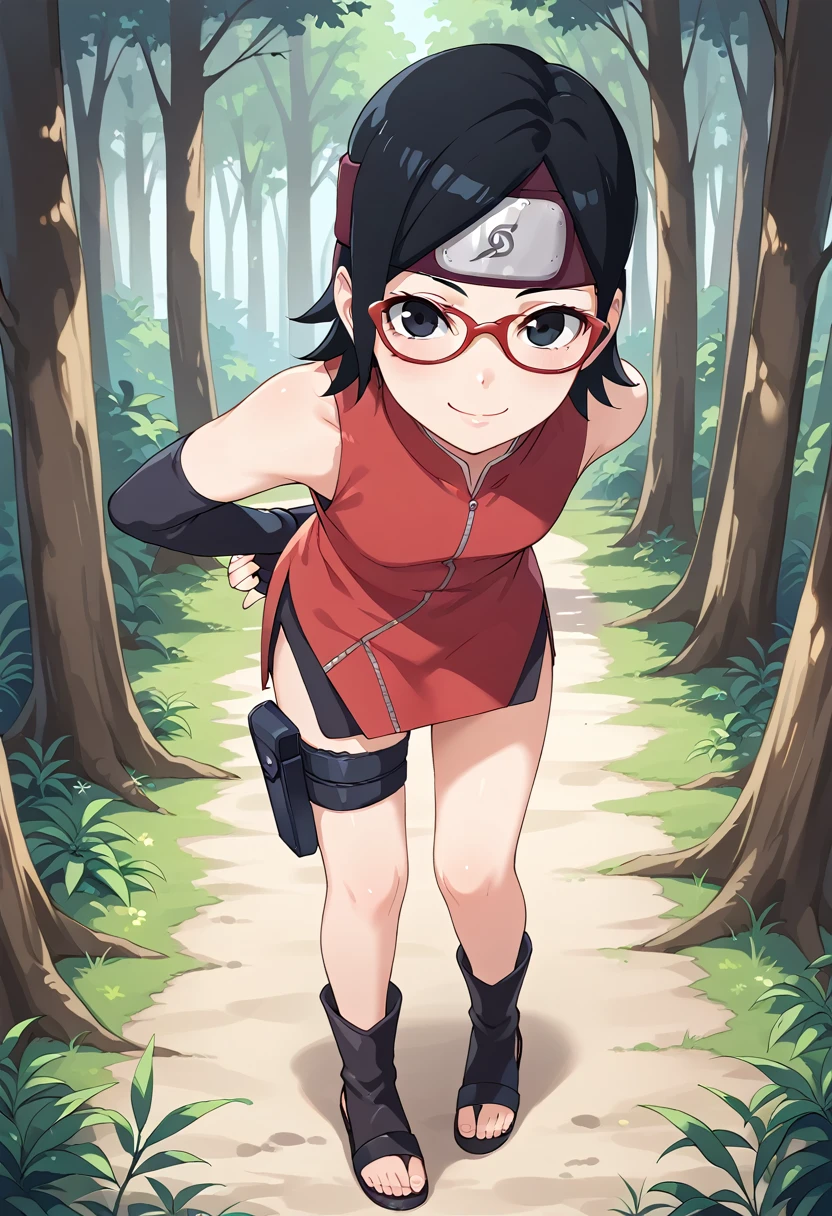 (score_9, score_8_up), score_7_up, zPDXL, Sarada Uchiha, solo, 1girl, black hair, short hair, red-framed eyewear, glasses, black eyes, red dress, sleeveless, elbow gloves, black gloves, fingerless gloves, , thigh holster, toeless sandals, smile, looking at viewer, blushing, forehead protector, konohagakure symbol, sunny, forest, ,arms behind back