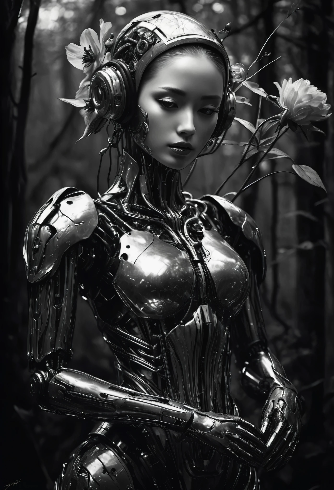 A captivating charcoal drawing that evokes a hauntingly beautiful and sinister atmosphere, featuring ahuman android tenderly embracing a swaying flower. The striking contrast between the android's metallic and mechanical features and the delicate fragility of the flower draws the viewer's attention. The background is dark and deep, adding to the enigmatic and intriguing ambiance of the scene. The artist's masterful application of scratch techniques results in a hyperrealistic and hyperdetailed image, with depth of field, bokeh, and sharp focus seamlessly crafting an enthralling and elegant composition. This thought-provoking scene invites viewers to ponder the complex emotions of the android and the fleeting nature of life., illustration, painting