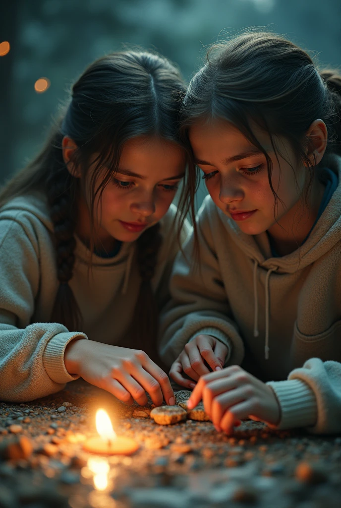halo de NEON luminoso, there are two CHILDREN GIRLS WITH BLONDE HAIR in front of a ring of fire,