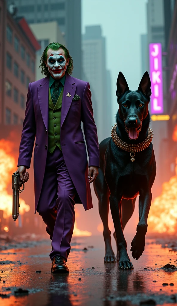 Create an image of the villain Joker walking alongside his enormous black Cane Corso with a thick, spiked collar. The Joker has a sinister grin, wearing his iconic purple suit with intricate and hyper-detailed textures, complete with a green vest and tie. In one hand, he wields a shiny Magnum revolver, and in the other, he holds a detonator, pressing the button to trigger an explosion. Behind him, skyscrapers erupt in fiery blasts, with debris and smoke billowing into the dark, rain-soaked urban sky. The Cane Corso exudes power and menace, its muscular frame highlighted by shadows and a faint, ominous red glow outlining its figure. Both are walking forward, looking directly at the photographer, with an ethereal, unsettling light enveloping their forms. The environment is illuminated by the flickering neon signs in shades of purple and green, mixed with the fiery orange glow of the explosions, casting dynamic reflections on the wet pavement.

The scene is rendered in a cinematic atmosphere with dynamic lighting (0.85), HDR lighting, ultra-HD, and 8k resolution. Intricate details in the environment, clothing, and the glowing presence of the characters are emphasized (0.9). Stable diffusion and steady diffusion ensure smooth and realistic textures (0.85). The natural lighting blends with the chaotic glow of the explosions and the neon ambiance, creating a surreal yet gritty and realistic vibe. Both exude a chilling sense of strength and chaos, creating a powerful and haunting scene that perfectly complements their dark and twisted nature. 24-bit colors and full-color rendering ensure vibrant details, with virtual and hyper-realistic textures making the composition visually striking.