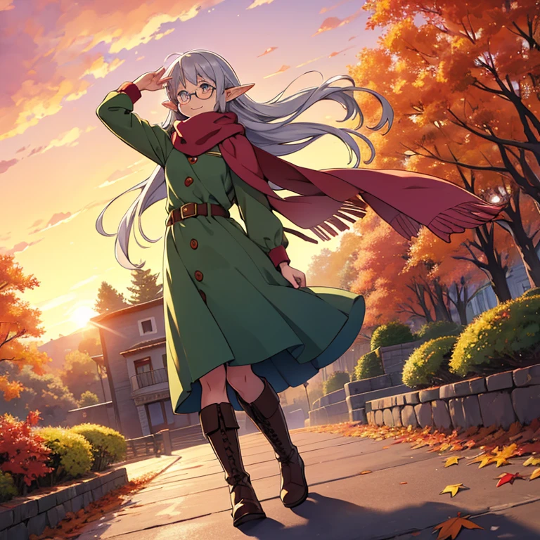 masterpiece，  best quality， High image quality，( super flat， flat shading )，Elf，Glasses，Beautiful silver hair， fisheye lens，Beautiful young mother and adorable daughter， warm scarf，(naked)，Long Hair， boots，smile, smile，White Breath，fun, play，Autumn park garden，Beautiful autumn leaves， clear autumn sky ，At dusk，Beautiful sunset，Wide angle， bright color，watercolor, Ghibli Style，Strong winds， Girl Temptation，