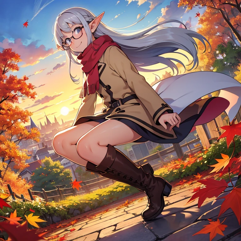 masterpiece，  best quality， High image quality，( super flat， flat shading )，Elf，Glasses，Beautiful silver hair， fisheye lens，Beautiful young mother and adorable daughter， warm scarf，(naked)，Long Hair， boots，smile, smile，White Breath，fun, play，Autumn park garden，Beautiful autumn leaves， clear autumn sky ，At dusk，Beautiful sunset，Wide angle， bright color，watercolor, Ghibli Style，Strong winds， Girl Temptation，