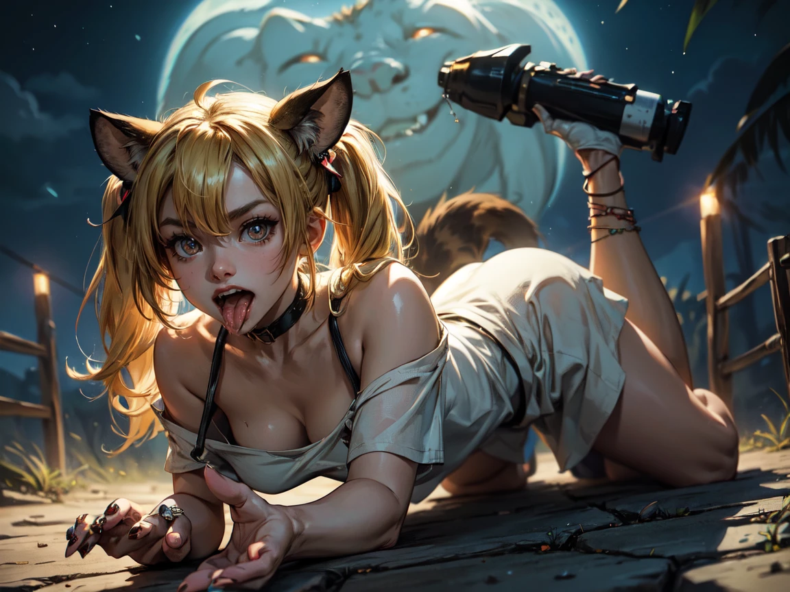 1 chica, Brown hair, Brown eyes, bangs pulled back, de espalda, squatting, orejas de animales, cola de animal, lingerie, :3, presumido, al aire libre, cielo nocturno, luna, bamboo,
