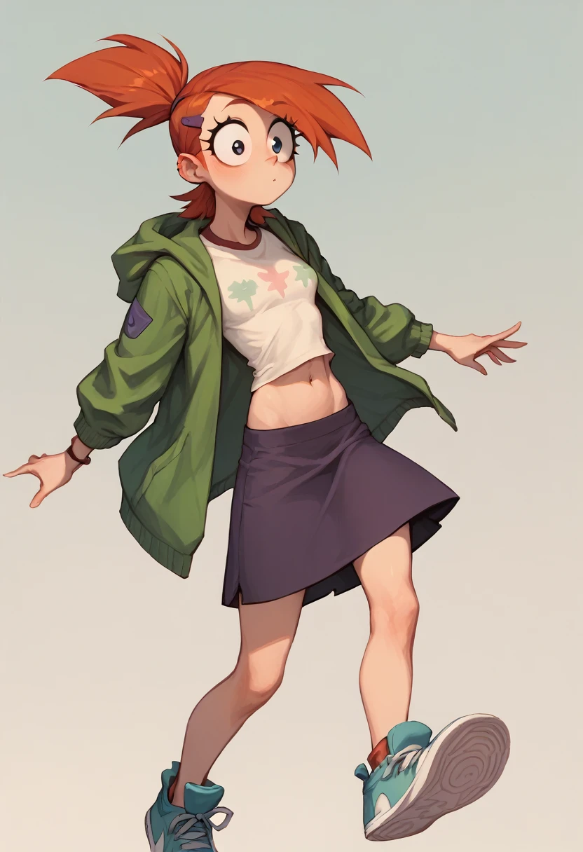 Hot girl with redhead ponytail hair, big circle eyes, White T-shirt, belly button, Green Jacket, skinny dark purple skirt and light blue sneakers 