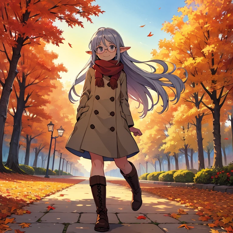 masterpiece，  best quality， High image quality，( super flat， flat shading )，Elf， young girl，Glasses，Beautiful silver hair， fisheye lens， short， toddler figure ，Beautiful young mother and adorable daughter， warm scarf，(naked)，Long Hair， boots，smile, smile，White Breath，fun, play，Autumn park garden，Beautiful autumn leaves， clear autumn sky ，At dusk，Beautiful sunset，Wide angle， bright color，watercolor, Ghibli Style，Strong winds， Girl Temptation，