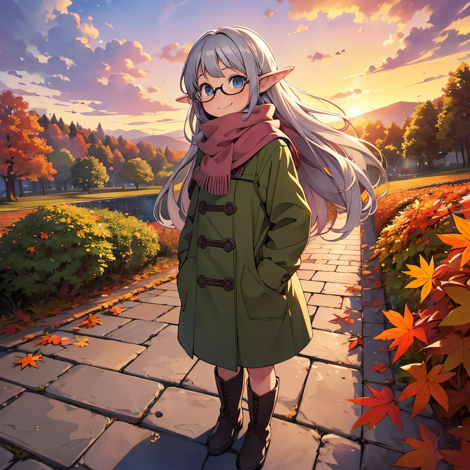 masterpiece，  best quality， High image quality，( super flat， flat shading )，Elf， young girl，Glasses，Beautiful silver hair， fisheye lens， short， ddler figure ，Beautiful young mother and adorable daughter， warm scarf，(naked)，Long Hair， boots，smile, smile，White Breath，fun, play，Autumn park garden，Beautiful autumn leaves， clear autumn sky ，At dusk，Beautiful sunset，Wide angle， bright color，watercolor, Ghibli Style，Strong winds， Girl Temptation，