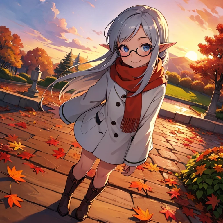 masterpiece，  best quality， High image quality，( super flat， flat shading )，Elf， young girl，Glasses，Beautiful silver hair， fisheye lens， short， ddler figure ，Beautiful young mother and adorable daughter， warm scarf，(naked)，Long Hair， boots，smile, smile，White Breath，fun, play，Autumn park garden，Beautiful autumn leaves， clear autumn sky ，At dusk，Beautiful sunset，Wide angle， bright color，watercolor, Ghibli Style，Strong winds， Girl Temptation，