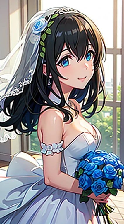 超 high definition , masterpiece, Accurate,  anatomically accurate, textured skin,  super detailed,   High Details  ,  High Quality , Awards, 最 High Quality ,  high definition , 1 girl  ,Alone,sagisawa fumika, idolmaster, blue eyes,  black hair,   hair sandwiched between your eyes,Long Hair, Hair in the eyes,smile,,( white wedding dress :1.4),( White Wedding Veil :1.4),( medium breasts:1.3),( holding a bouquet of blue roses :1.3),from side, high angle shot,( raise your face:1.1),noon,  lying down,