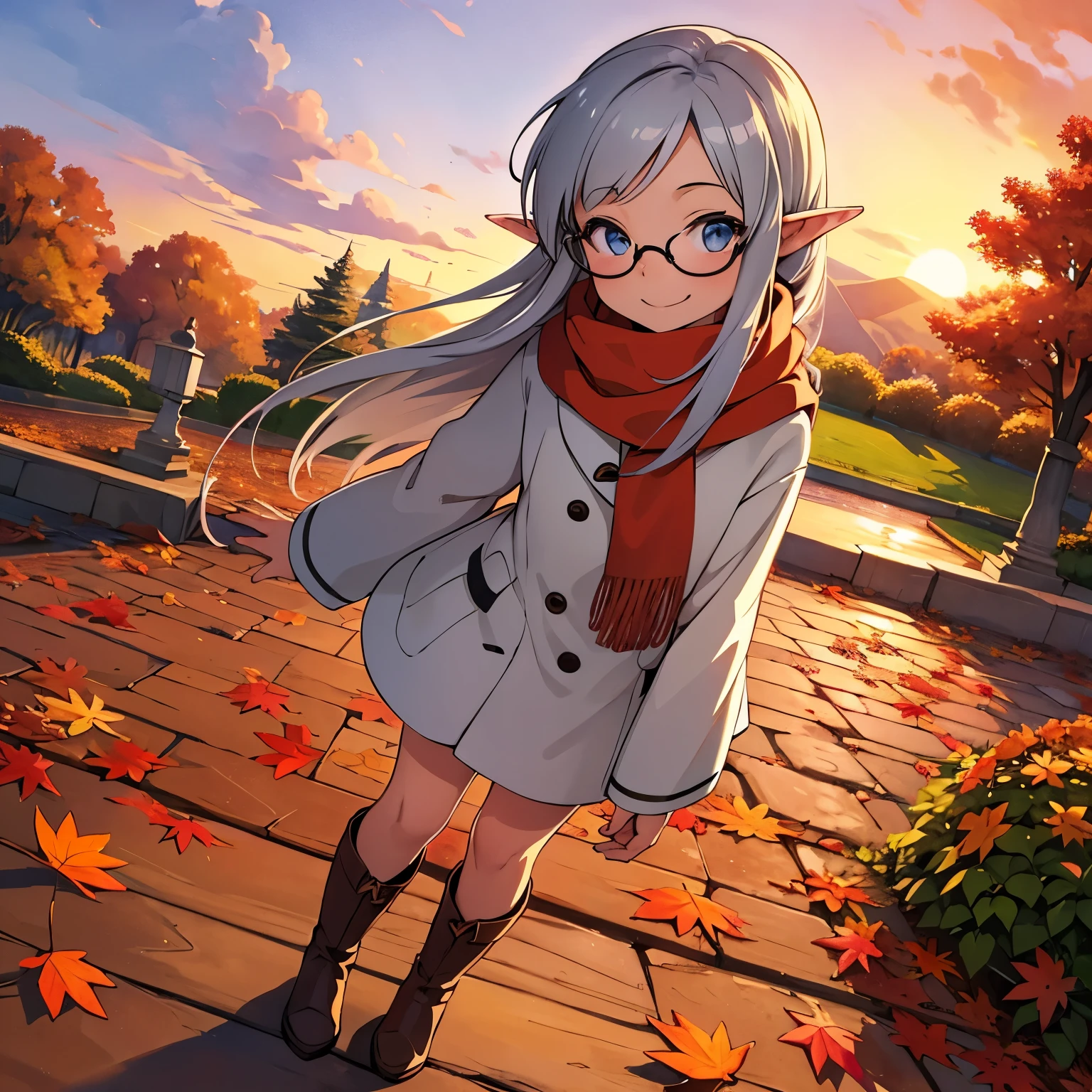 masterpiece，  best quality， High image quality，( super flat， flat shading )，Elf， young girl，Glasses，Beautiful silver hair， fisheye lens， short， ddler figure ，Beautiful young mother and adorable daughter， warm scarf，(naked)，Long Hair， boots，smile, smile，White Breath，fun, play，Autumn park garden，Beautiful autumn leaves， clear autumn sky ，At dusk，Beautiful sunset，Wide angle， bright color，watercolor, Ghibli Style，Strong winds， Girl Temptation，