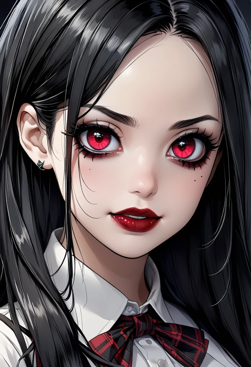 a woman with long, straight, black hair down to her waist, detailed red pupil eyes, beautiful detailed red lips, wearing a white t-shirt and long black jeans, sinister expression, palette knife colors, horror, anime style, (best quality,4k,8k,highres,masterpiece:1.2),ultra-detailed,(realistic,photorealistic,photo-realistic:1.37)