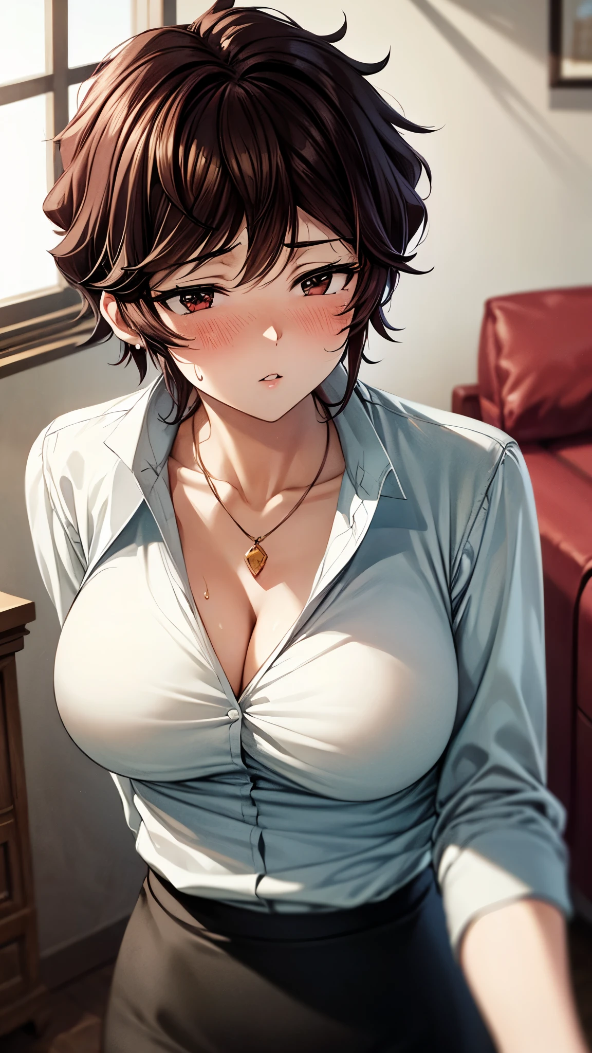 （ super quality, ultra high resolution,16k,super masterpiece,Ultra HD ,Detailed shading and background,）Upper body shot,one sexy wife, looking at the camera, head on,Short black hair,（A white shirt with a large collar spread wide and standing straight, wide open chest, black pencil skirt ,） earrings for a woman alone, Necklaces , Sweaty ,blush,Thick lips, Living room where the sun shines ,