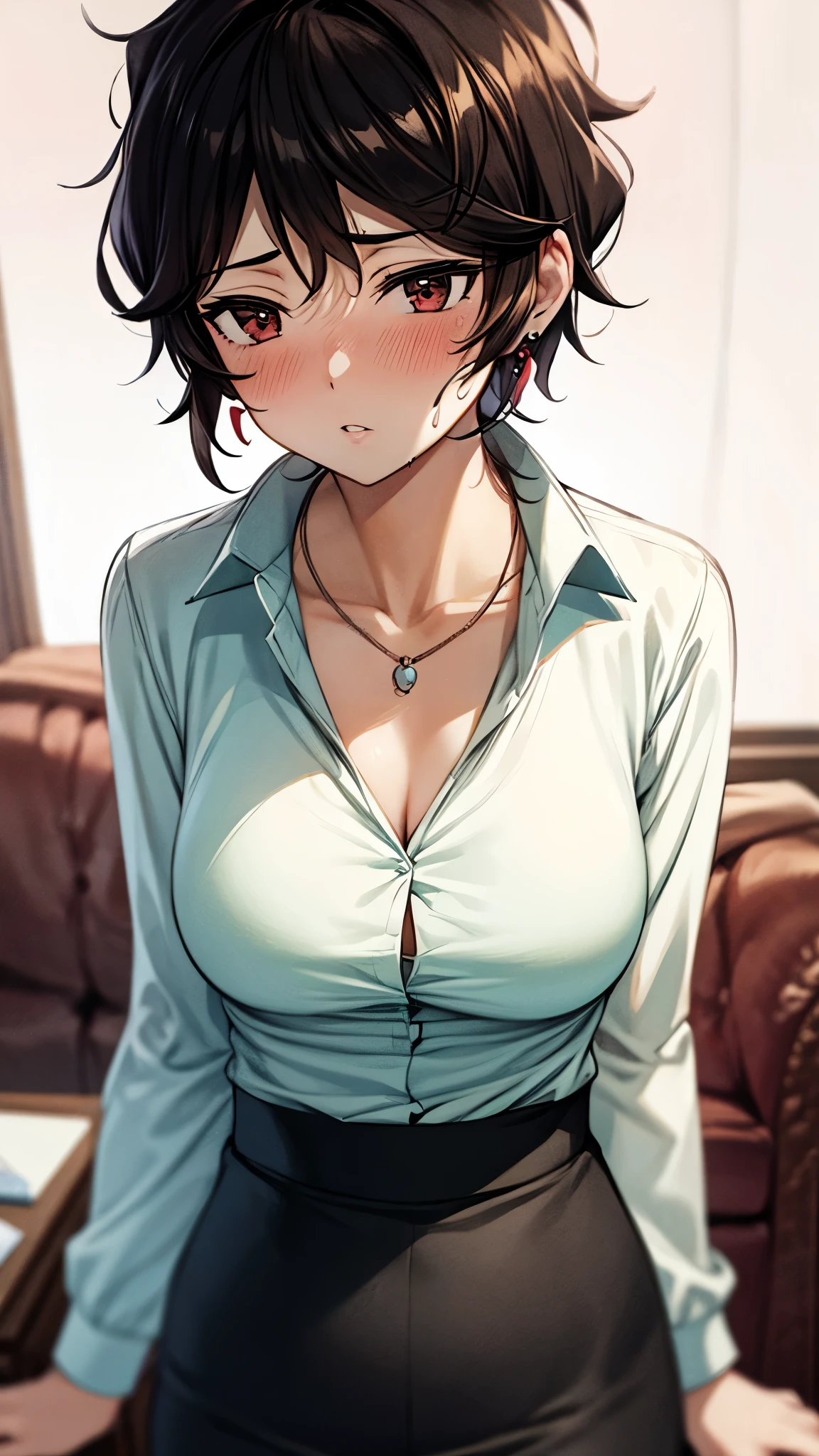 （ super quality, ultra high resolution,16k,super masterpiece,Ultra HD ,Detailed shading and background,）Upper body shot,one sexy wife, looking at the camera, head on,Short black hair,（A white shirt with a large collar spread wide and standing straight, wide open chest, black pencil skirt ,） earrings for a woman alone, Necklaces , Sweaty ,blush,Thick lips, Living room where the sun shines ,