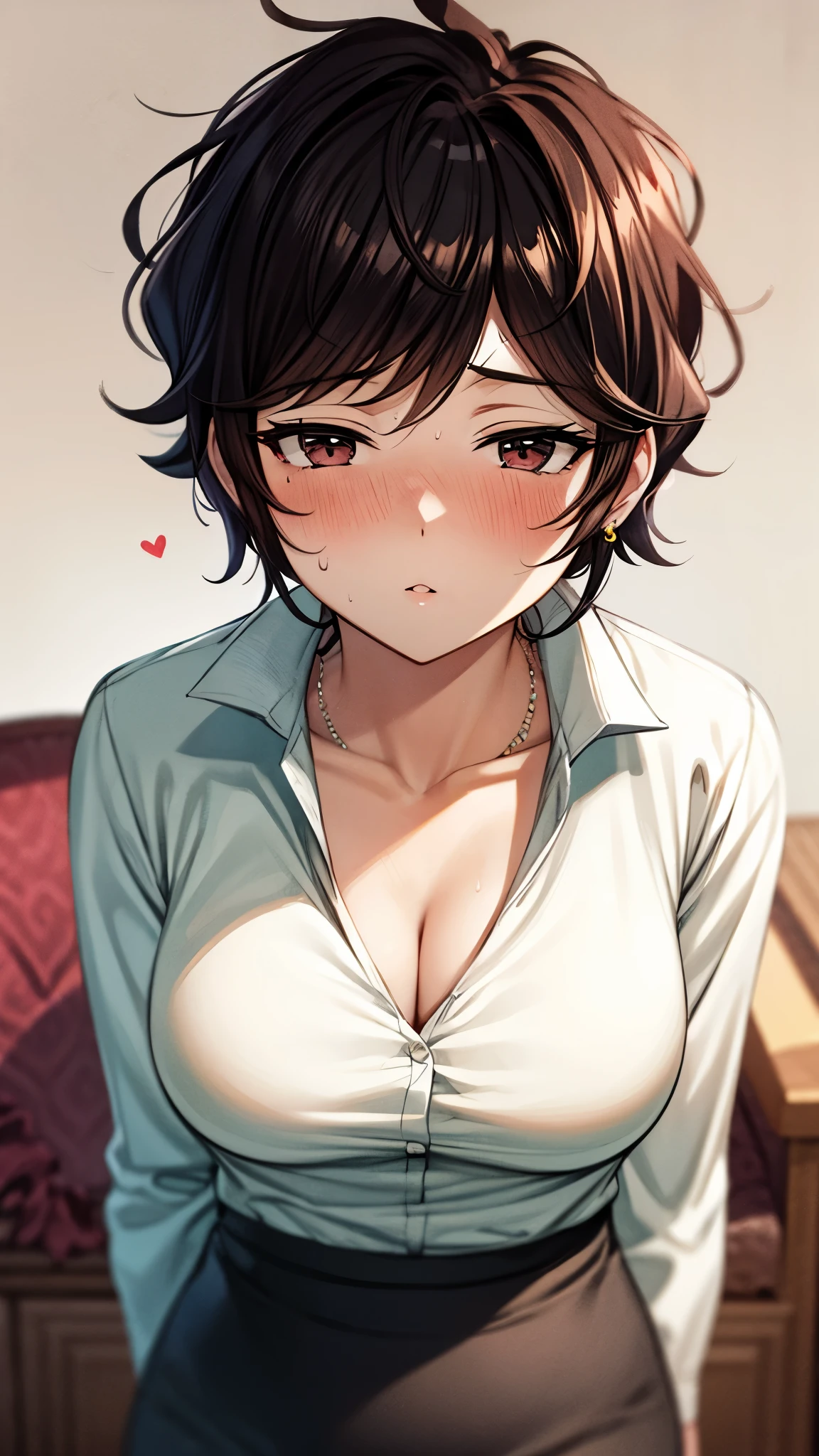 （ super quality, ultra high resolution,16k,super masterpiece,Ultra HD ,Detailed shading and background,）Upper body shot,one sexy wife, looking at the camera, head on,Short black hair,（A white shirt with a large collar spread wide and standing straight, wide open chest, black pencil skirt ,） earrings for a woman alone, Necklaces , Sweaty ,blush,Thick lips, Living room where the sun shines ,