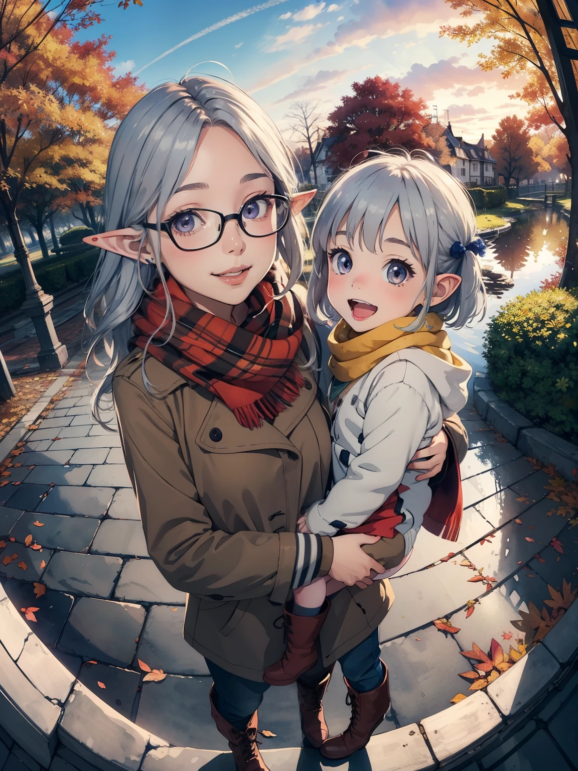 masterpiece，  best quality， High image quality，( super flat， flat shading )，Elf， young girl，Glasses，Beautiful silver hair， fisheye lens， short， toddler figure ，Beautiful young mother and adorable daughter， warm scarf，(naked)，Long Hair， boots，smile, smile，White Breath，fun, play，Autumn park garden，Beautiful autumn leaves， clear autumn sky ，At dusk，Beautiful sunset，Wide angle， bright color，watercolor, Ghibli Style，Strong winds， Girl Temptation，
  girl&#39;Lure，