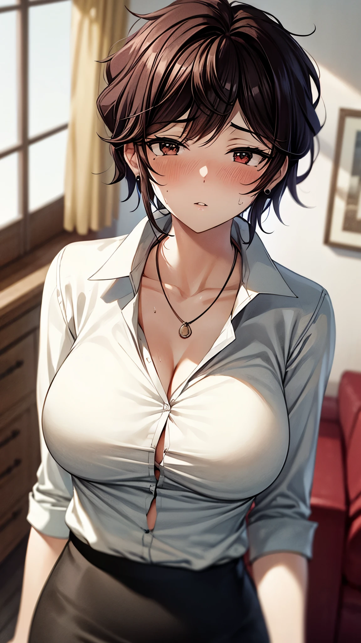 （ super quality, ultra high resolution,16k,super masterpiece,Ultra HD ,Detailed shading and background,）Upper body shot,one sexy wife, looking at the camera, head on,Short black hair,（A white shirt with a large collar spread wide and standing straight, wide open chest, black pencil skirt ,） earrings for a woman alone, Necklaces , Sweaty ,blush,Thick lips, Living room where the sun shines ,