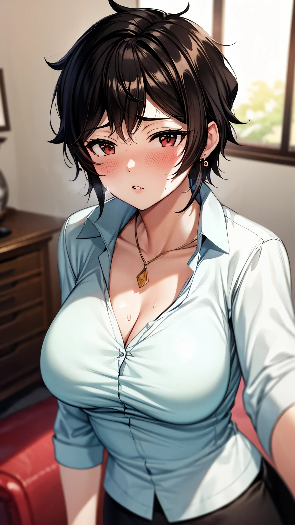 （ super quality, ultra high resolution,16k,super masterpiece,Ultra HD ,Detailed shading and background,）Upper body shot,one sexy wife, looking at the camera, head on,Short black hair,（A white shirt with a large collar spread wide and standing straight, wide open chest, black pencil skirt ,） earrings for a woman alone, Necklaces , Sweaty ,blush,Thick lips, Living room where the sun shines ,