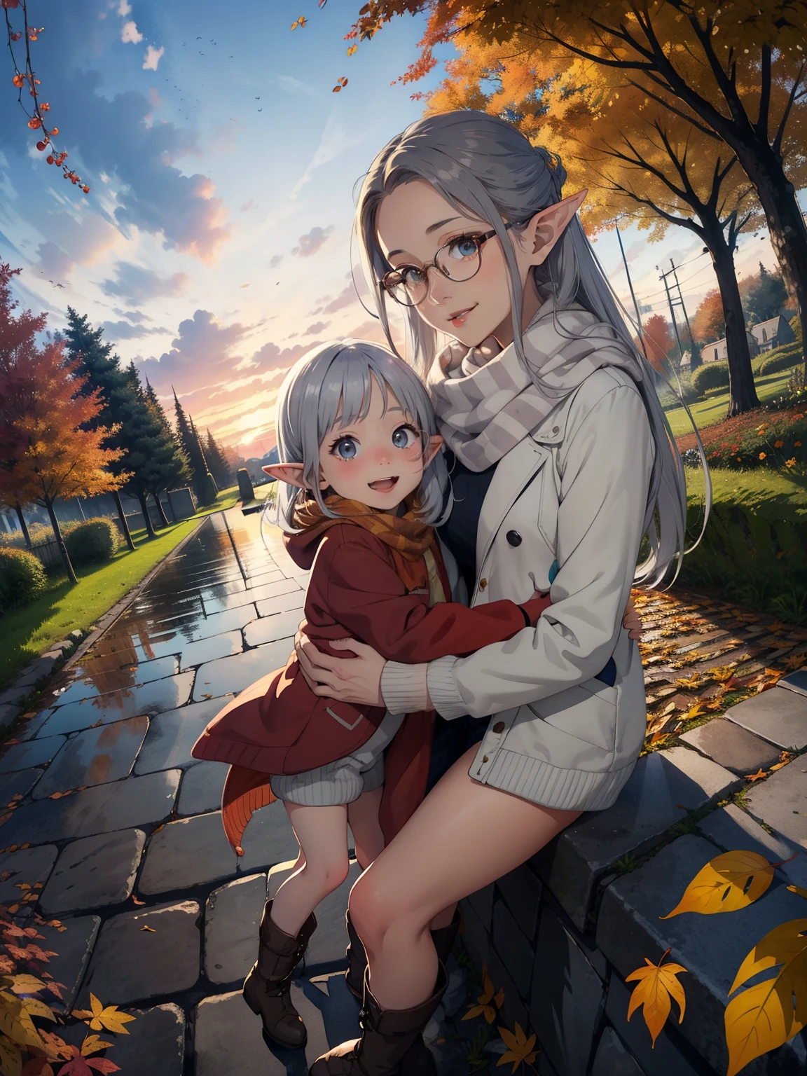 masterpiece，  best quality， High image quality，( super flat， flat shading )，Elf， young girl，Glasses，Beautiful silver hair， fisheye lens， short， toddler figure ，Beautiful young mother and adorable daughter， warm scarf，(naked)，Long Hair， boots，smile, smile，White Breath，fun, play，Autumn park garden，Beautiful autumn leaves， clear autumn sky ，At dusk，Beautiful sunset，Wide angle， bright color，watercolor, Ghibli Style，Strong winds， Girl Temptation，
  girl&#39;Lure，