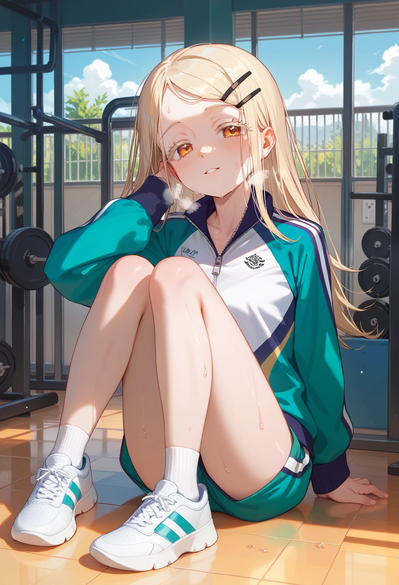 nsfw,best quality, masterpiece, uncensored, BEARK, hiro-gym,shinosawa hiro,slender,orange eyes,white eyelashes,blonde hair,long hair,hairclip,track jacket,green shorts,white sneakers, sweat on head, heavy breathing, head focus, transparent sneakers, open shirt,