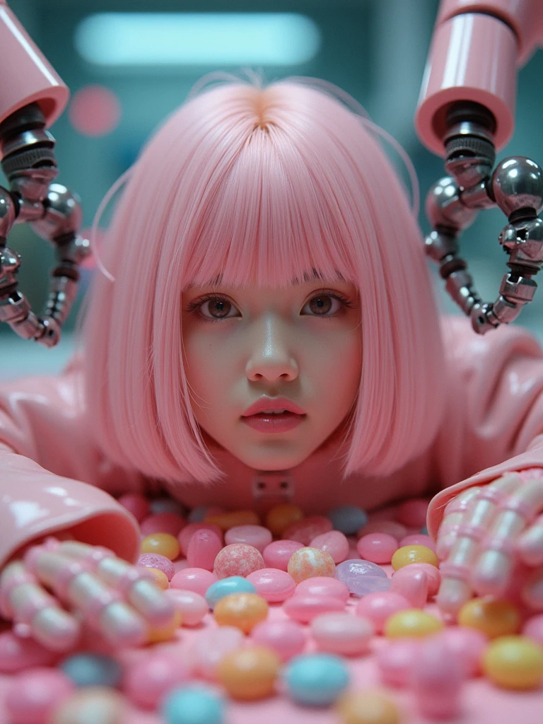 real photograph, 18 years old Jpop girl that has a y2k vibe with pink bob hair and surrounded by candy, pretty face,  lying disassembled on a futuristic workbench, like a life-sized plastic model kit. Robotic arms carefully snap her pieces together while she gazes curiously at the process, blending human expression with mechanical precision.