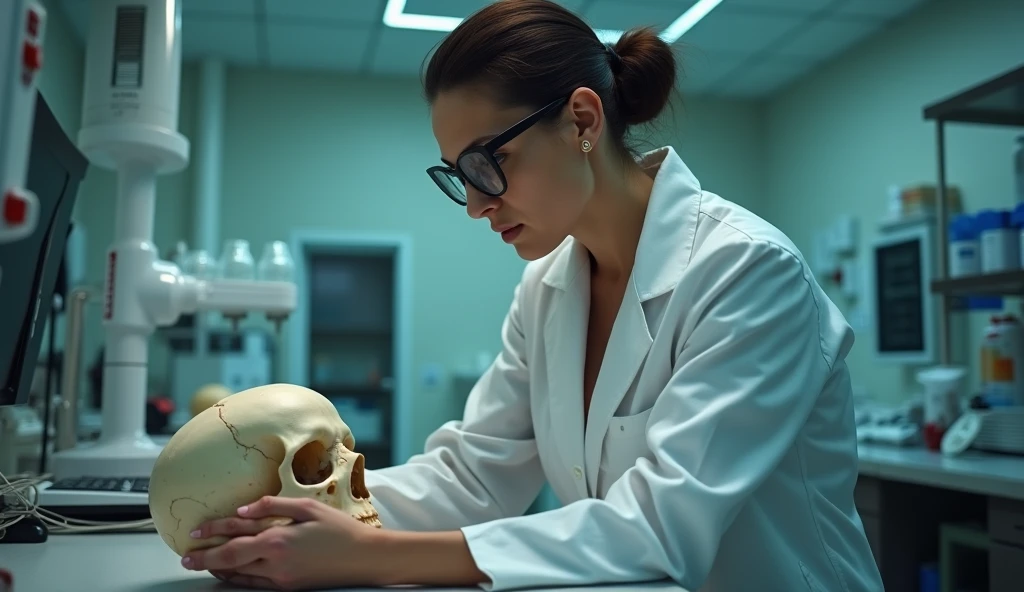 M.e., in the morgue, examining a , realisitic, ossos, in a lab coat, blackquality hair, greeneyes, investigation